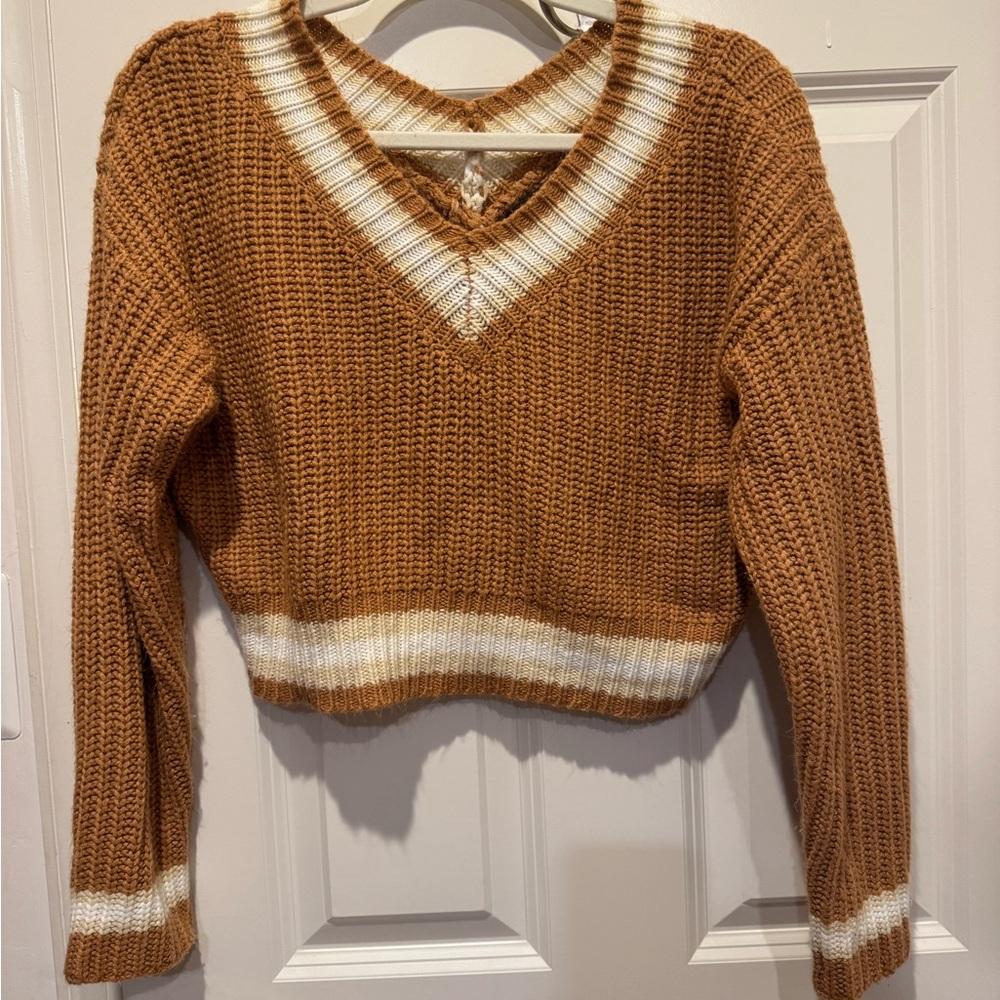 SHEIN Brown and White V-Neck Sweater, Size Small